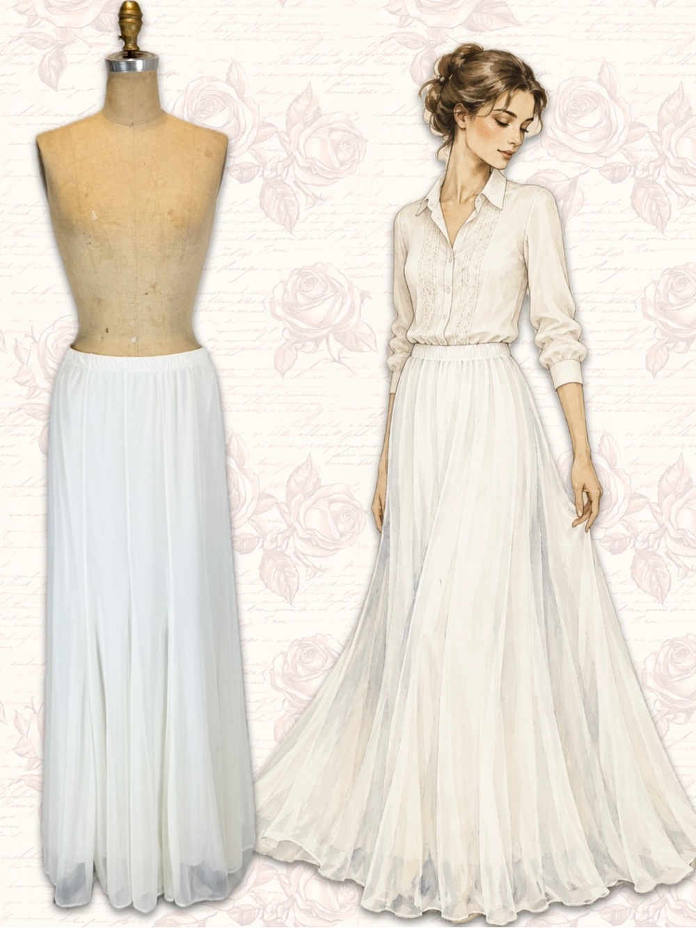 VINTAGE chiffon airy skirt long maxi elastic waist white formal